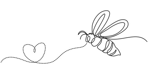 Continuous one line drawing of fliing bee shapped love. Simple illustration of honey bee line art vector illustration, Bee in heart shape. Continuous one line art drawing, Continuous one line drawing.
