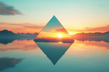Surreal Geometric Reflection at Sunset Over Calm Water in a Futuristic Landscape, Generative AI