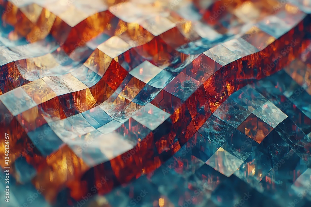 Poster an abstract background of a wavy, crystalline surface with blue and orange hues, creating a textured