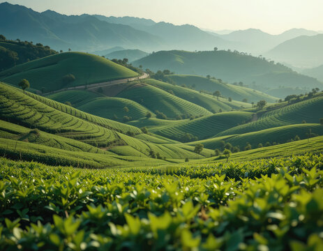 Rolling Green Tea Plantation on Hills with Scenic Mountain Backdrop