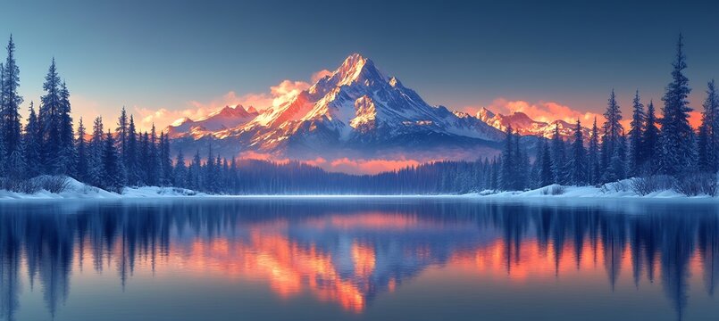 Winter vector scene snowy mountains peaceful forest covered in snow and frozen lakes vibrant and clean design for editorials