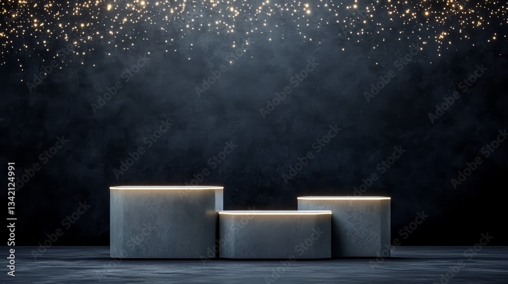Poster Set of three pedestals with a black background and a light shining on them. The pedestals are made of concrete and are arranged in a row. The light shining on them creates a sense of depth