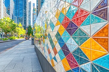 A vibrant mosaic wall made of colorful triangular tiles lining a city sidewalk, with office buildings and lush green trees providing a modern and artistic urban view.