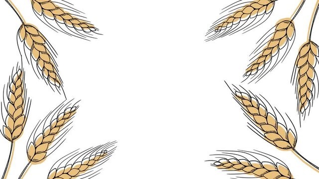 food banner animation bakery, pastry with wheat, oat, barley, rye, wheat ears stalks, field on yellow background and space for text, copy space