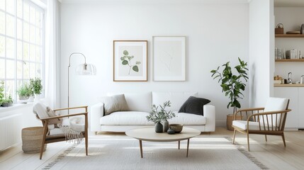 A simple, modern living room.  White walls and a minimalist Scandinavian style.
