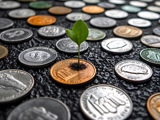 A small plant growing from a coin amongst other currency