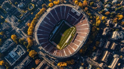 Obraz premium Aerial View of a Stadium Surrounded by Autumnal Foliage