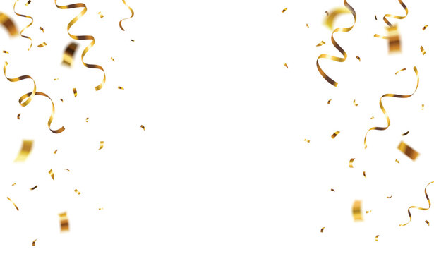 Decorative vector illustration border with falling shiny gold confetti on the sides isolated on white background
