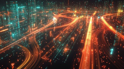 Obraz premium A smart city's interconnectedness is shown with flowing lines and dots, representing the vast network of data technology. 