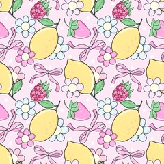 Cute Fruit and  Floral Seamless Pattern – Lemons, Berries and  Bows