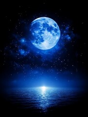Fototapeta premium A bright blue moon shines above dark water at night