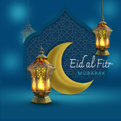 eid al fitr festival breaking fast card poster design to mark end ramadan over midnight blue...