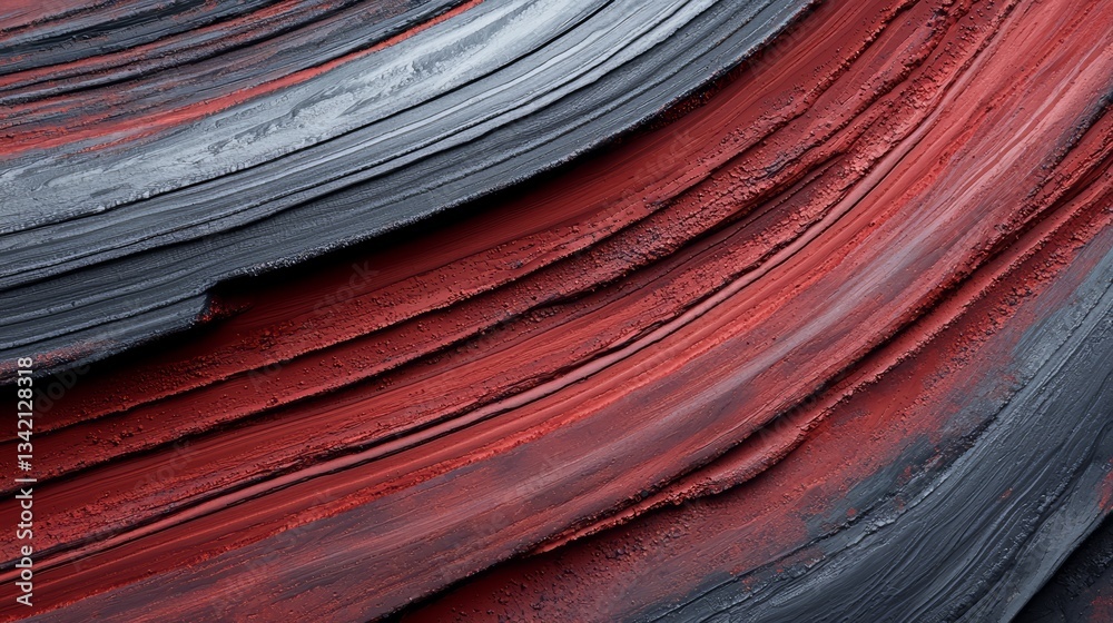 Poster The image is a close up of a red and black line. The red and black line is very thick and has a lot of texture. The line is almost like a wave, and it seems to be made of some kind of paint or ink
