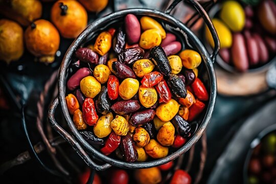 A rustic bucket overflowing with colorful Bolivian chu&ntilde;o potatoes, showcasing a vibrant array of traditional Andean produce for culinary inspiration and cultural richness.