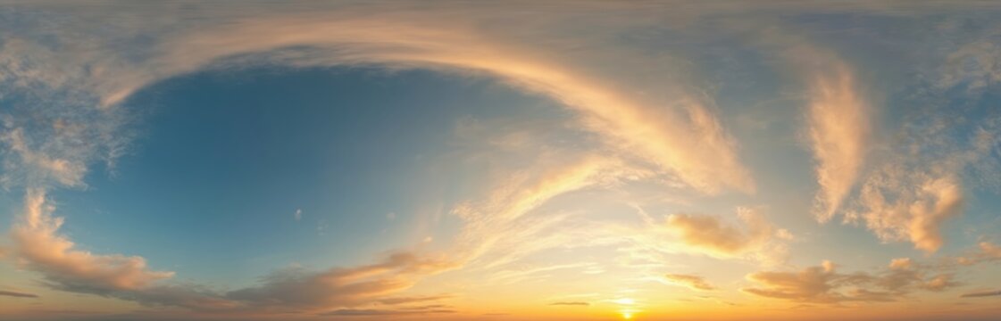 Bright vibrant sunset sky panorama with cirrus clouds. Seamless spherical equirectangular panorama, skydome for 3D visualization. Sun halo gradient from dawn to dusk in panoramic horizon projection.