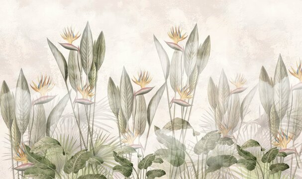 Watercolor tropical flowers wallpaper mural for living room bedroom wall decor background design