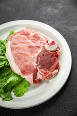 Pork on bones raw meat fresh tasty food dish delicious gourmet food background on the table rustic food top view copy space