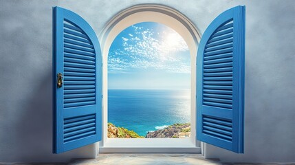 An exceptional transformation of a marvelous sight of a mediterranean-style arched window with blue wooden shutters, open to reveal a scenic 