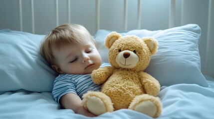 Baby sleeping peacefully with teddy bear in crib
