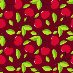 Seamless pattern of Red cherries with leaves.