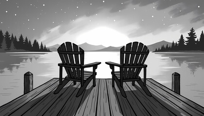 Adirondack chairs overlooking calm lake at twilight, minimalist relaxation