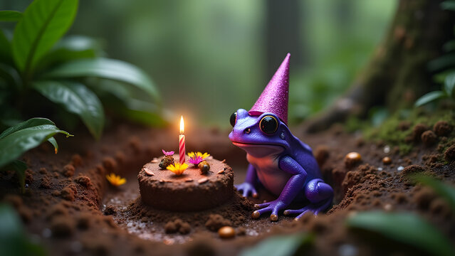 A rare purple frog in a jewel-toned hat celebrates with a mud-themed cake, edible flowers, and rain in a lush tropical forest birthday setting.