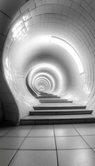 Illuminated spiral staircase descending into a white tiled tunnel.  Modern architecture, clean lines.