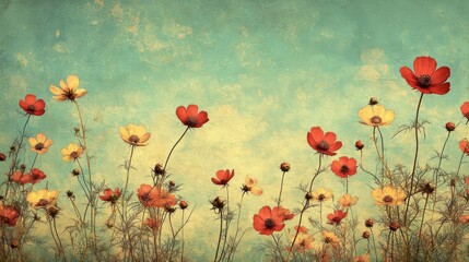 Obraz premium Vintage Red And Yellow Cosmos Flowers Field