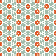 "Geometric Hexagon Pattern: Orange Star and Blue Leaf Design.
Decorative Repeating Motif: Stylized Hexagonal Grid Texture.
Engaging Geometric Design: Orange Star Seamless Pattern."