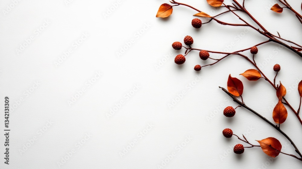Aufkleber White background with a branch of red berries on it. The berries are scattered all over the branch and some are on the ground. The image has a peaceful and calming mood