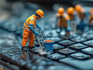 Miniature Workers Fixing a Keyboard