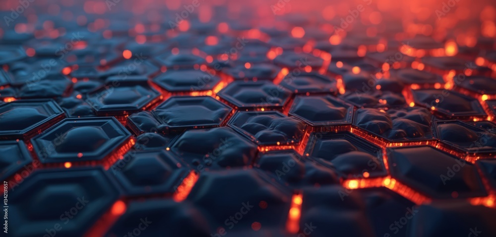 Poster Dark cellular honeycomb hexagon 3d structure. Geometry texture pattern with futuristic geometric design, illuminated by orange light. Hex grid with textured surface background. Tech concept with blue