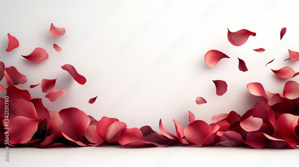 Poster White background with a large amount of red petals scattered all over it. The petals are falling from the flowers, creating a sense of movement and life