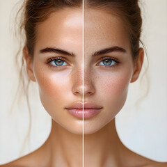 Woman showing skin tanning before and after treatment