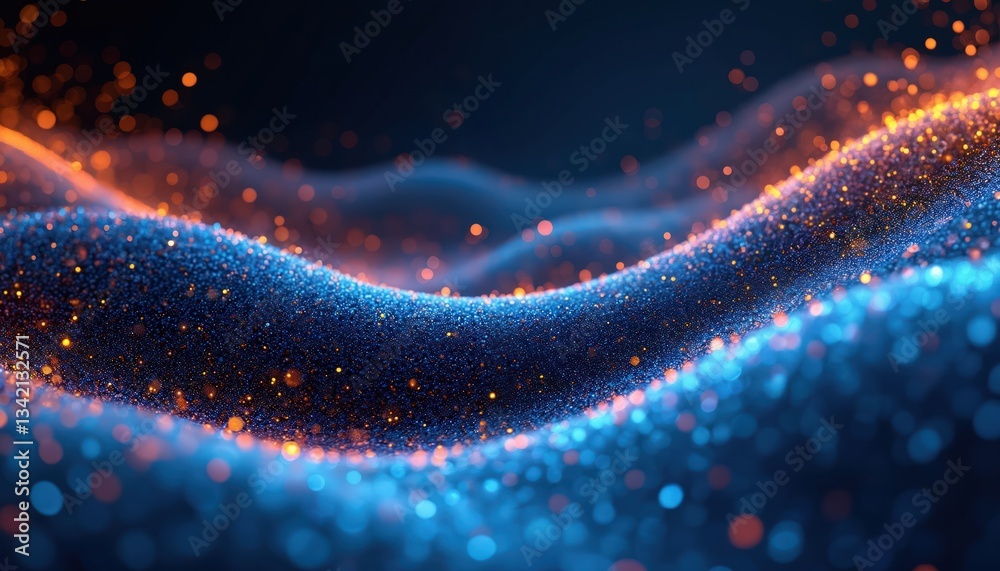 Poster Abstract glowing particle background with smooth blue, orange wave flow. Glitter dots vibrant texture. Modern digital wallpaper with dynamic graphic design, light burst, shiny bokeh effect for