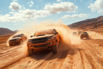 Obraz premium Off road vehicles racing through desert landscape, raising dust clouds