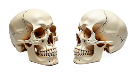 Human skulls, front & side views, anatomical study. Isolated on transparent background for medical, educational, scientific or Halloween projects.