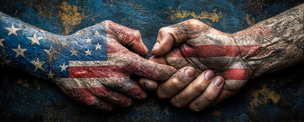 Symbolic Representation of USA and Canada Trade Relationship with Painted Hands in Opposition for Economic Conflict Concept