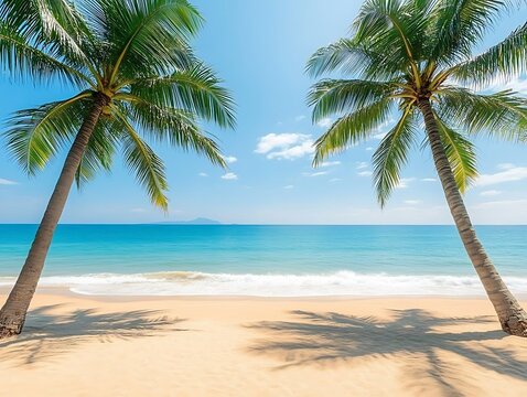 Two large palm trees frame a beautiful beach scene with ocean
