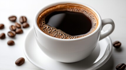 Elevated Still Life of Black Coffee in White Cup and Roasted Coffee Beans