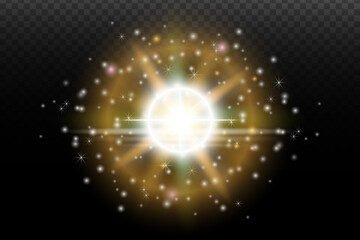 Fototapeta premium Light flash effect with flares and glow on a transparent background. Magical glow, shining light, star, optical flares for design, photomontage, New Year, and festive projects.