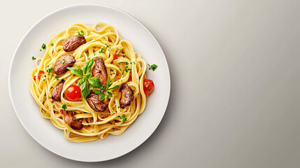 Pasta linguine with fried chicken liver, top view