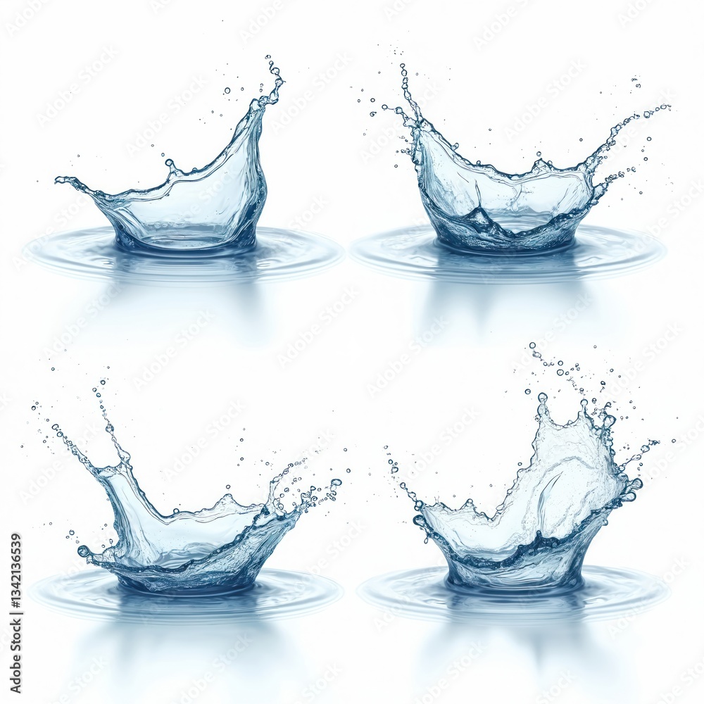 Aufkleber Set of pure water splashes in 3d illustration. Liquid drops twirling in a spiral. Clean drink beverage splash collection for healthy lifestyle product. Freshness and refreshment design element.