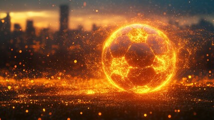 Obraz premium Fiery Soccer Ball at Sunset Cityscape