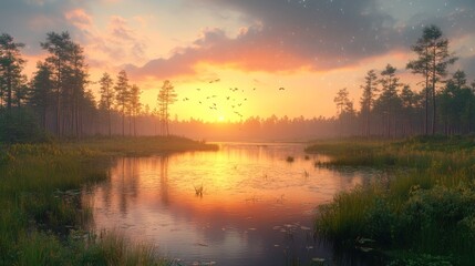 Obraz premium Sunset Serenity: A Breathtaking Vista of a Tranquil Lake and Forest