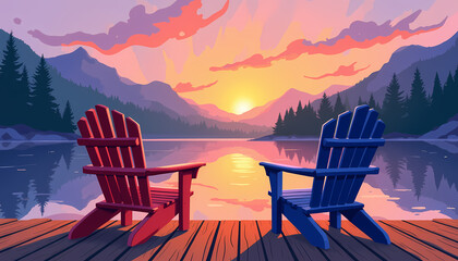 Adirondack chairs facing sunset over lake, serene relaxation