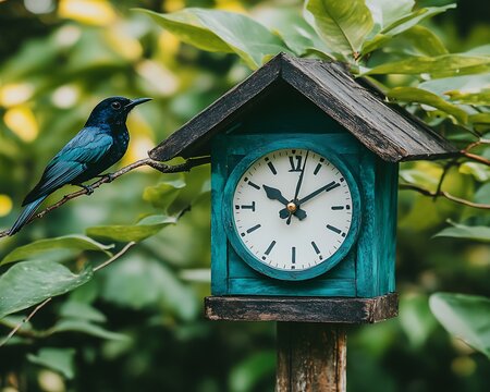 A colorful bird is perched near a decorative clock in nature