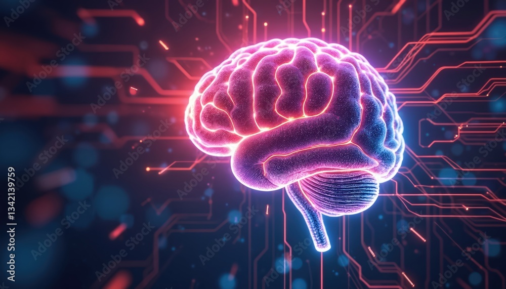 Poster Glowing human brain composed of digital circuits fusion of AI, human intelligence. Vibrant colors illuminate neural pathways. Abstract design shows hi-tech mind. Concept for future tech, neural