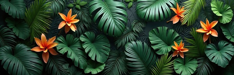 Dark green tropical leaves background featuring monstera, palm, fern, banana leaves arranged in panorama. Nature concept with geometric leaf shapes. Fresh, organic, vibrant colors with floral