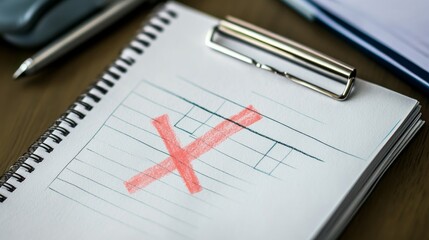 Rejected Proposal Watercolor Notepad - A watercolor of a notepad with a large red X, symbolizing rejection, failure, cancellation, denial, and termination